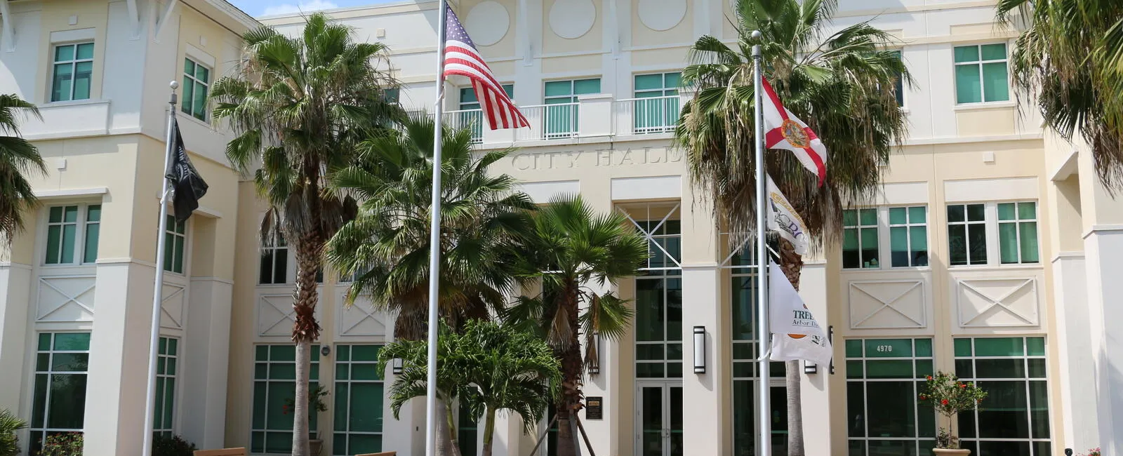 a building with flags in front