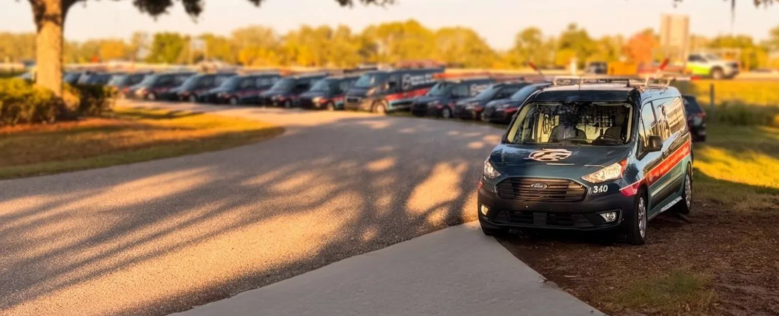 Fleet of black and red company vans parked along a tree-lined road in late afternoon sunlight.