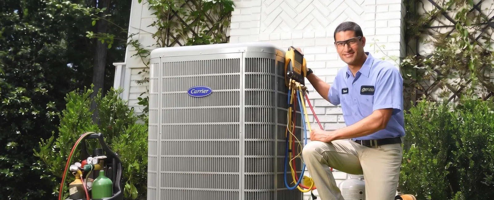 Technician in uniform servicing Carrier air conditioning unit outside a white brick house surrounded by greenery.
