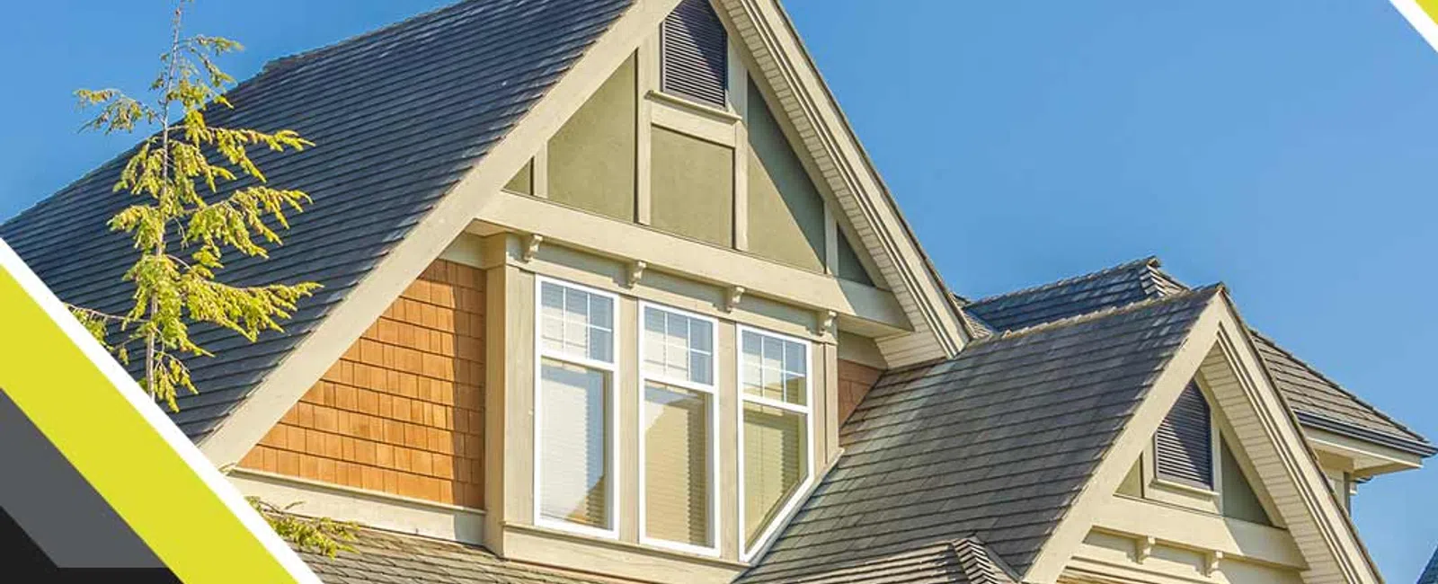 Modern house roof with shingles under clear blue sky featuring Balken Roofing logo