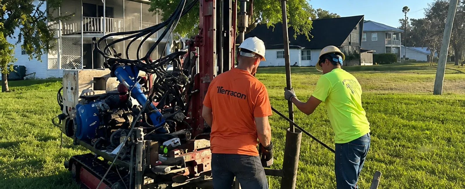 Two workers in safety gear operating drilling equipment at a grassy residential construction site under a clear sky