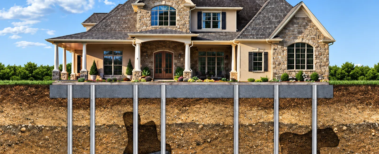 Cross-section of a house with foundation supported by steel piers anchored into underground rock layers.