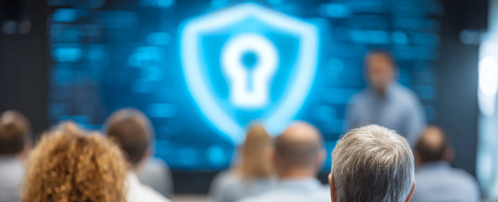 People attending a cybersecurity presentation with a digital shield and lock symbol on screen.