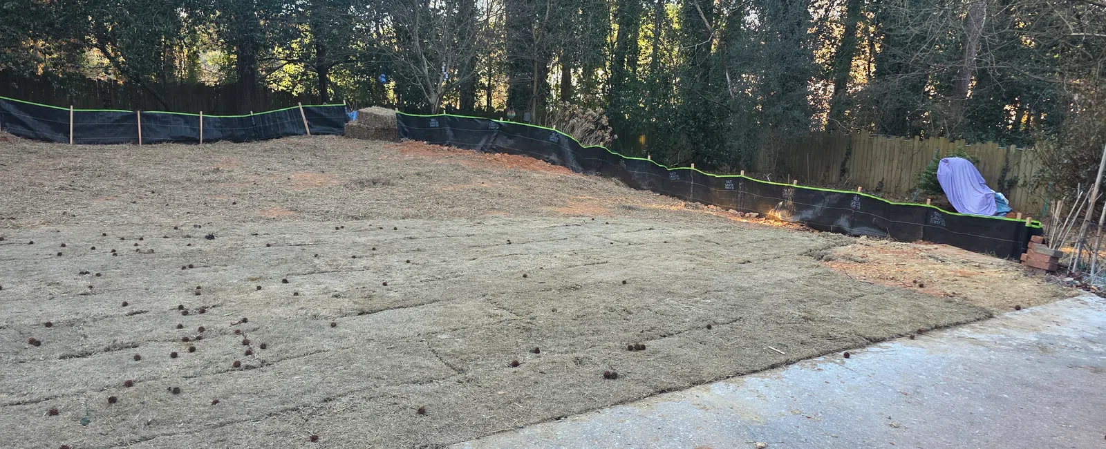 Newly laid sod covering an open yard area bordered by a tree line and black erosion control fencing.