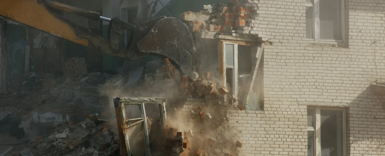 Excavator demolishing a brick building wall with windows during daytime, debris and dust flying.