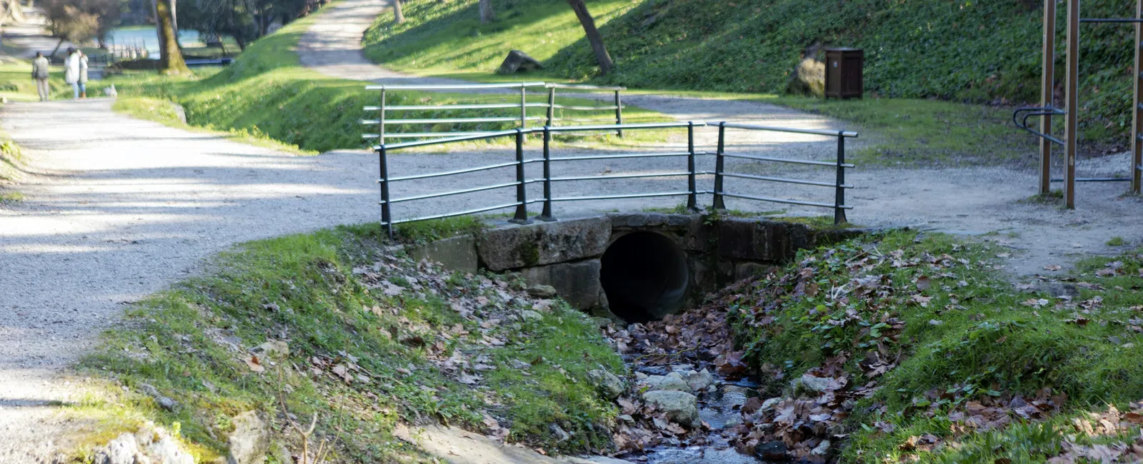 Small stream flowing under a metal-railed bridge on a forest park path with trees and greenery