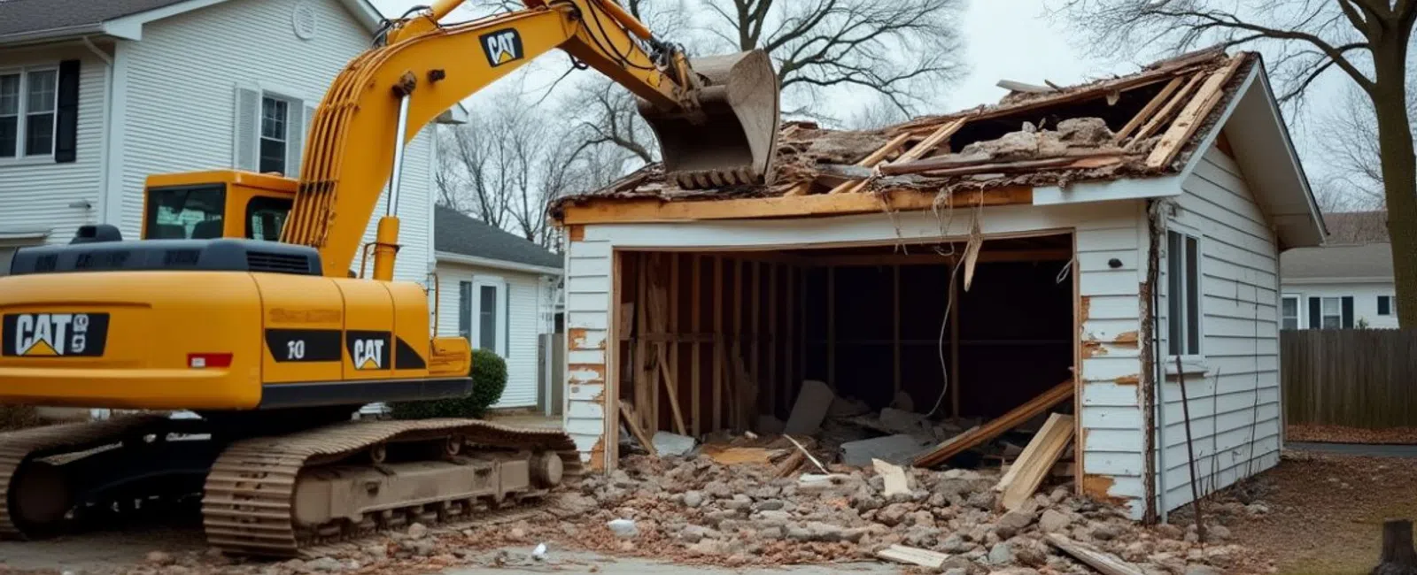 Yellow excavator demolishing a garage with debris scattered around a suburban house on a cloudy day