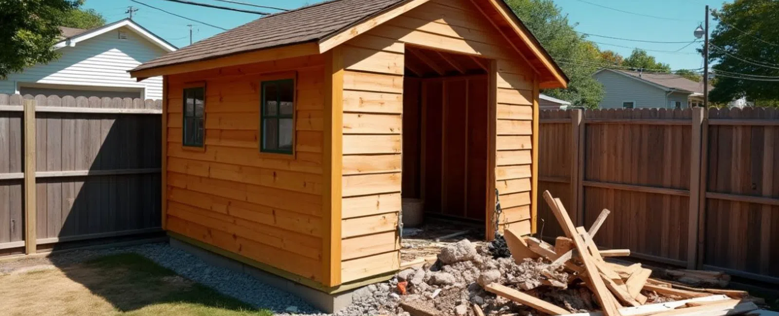 Wooden backyard shed next to demolition debris pile with fenced yard and neighboring houses in daylight.