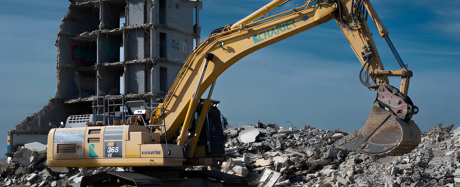Yellow excavator with a mechanical claw demolishing rubble near a partially destroyed building under clear blue sky.