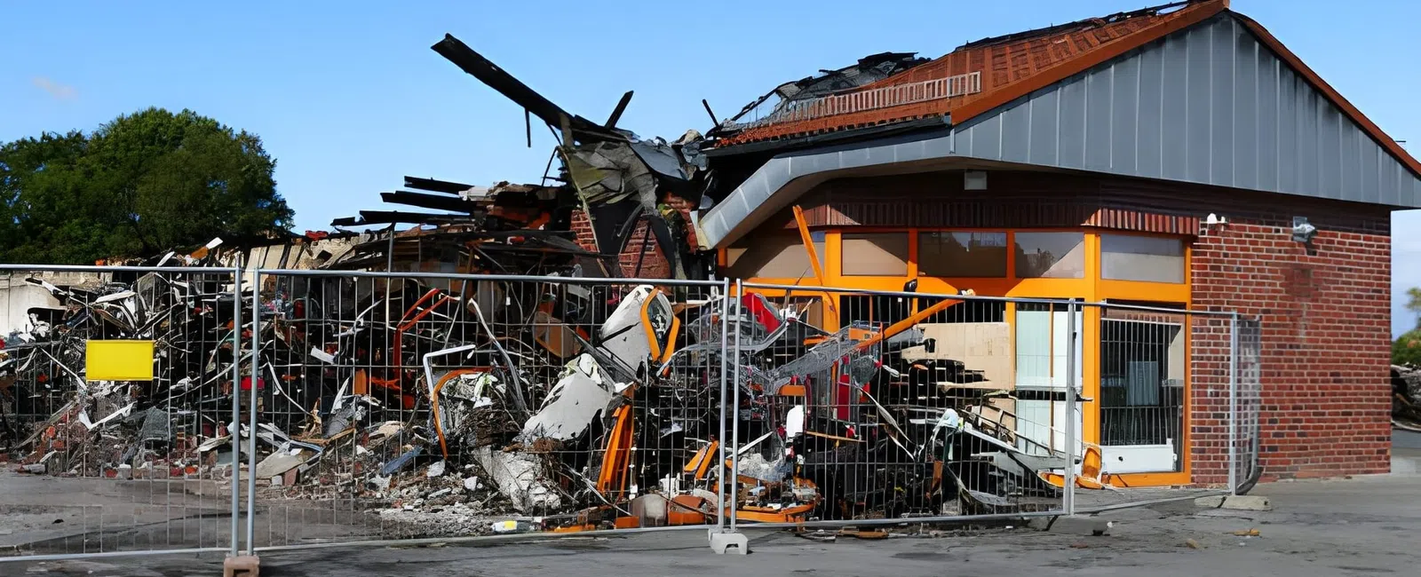 Partial demolition of a brick building with debris and metal fencing under a clear blue sky.