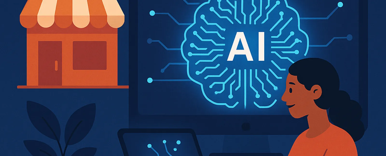 Illustration of a small business owner using a laptop with an AI chip icon on the screen, alongside a storefront and plant, symbolizing how small businesses can adopt Edge AI technology.
