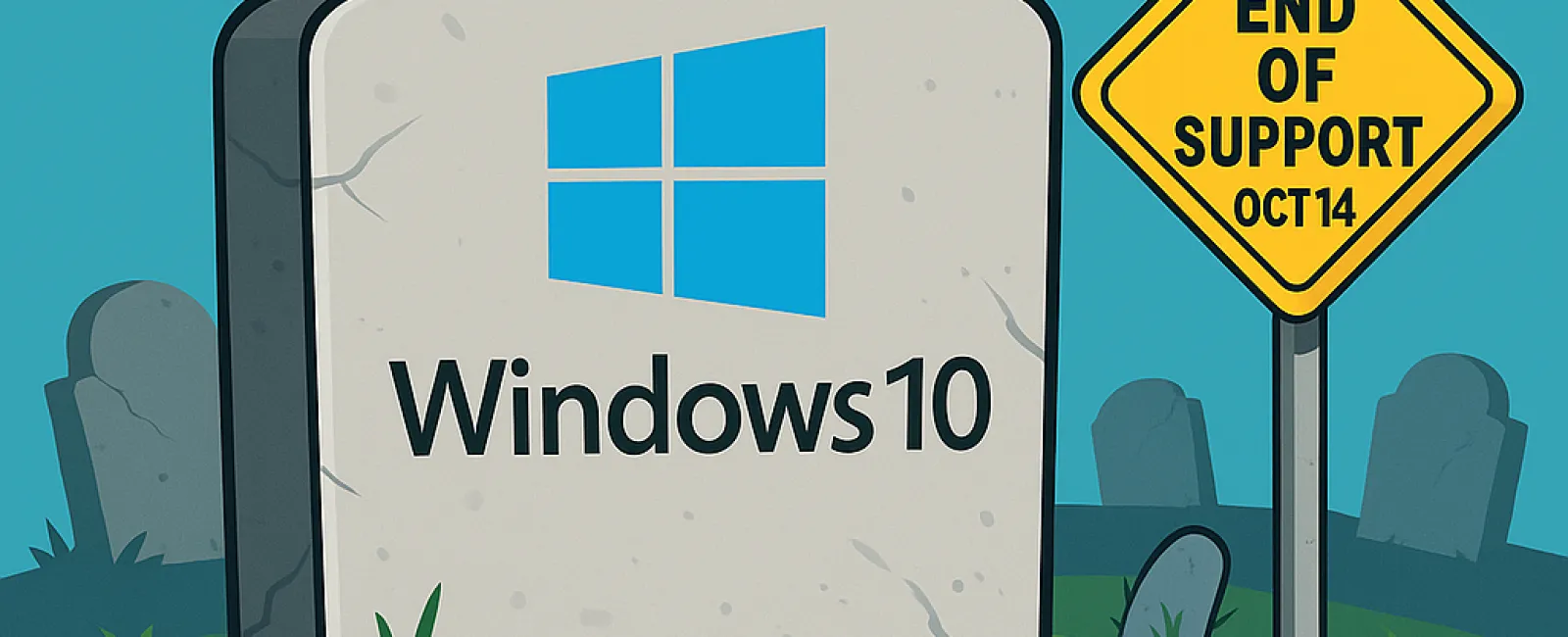Gravestone with Windows 10 logo and R.I.P. text beside a sign reading End of Support Oct 14 in a graveyard.