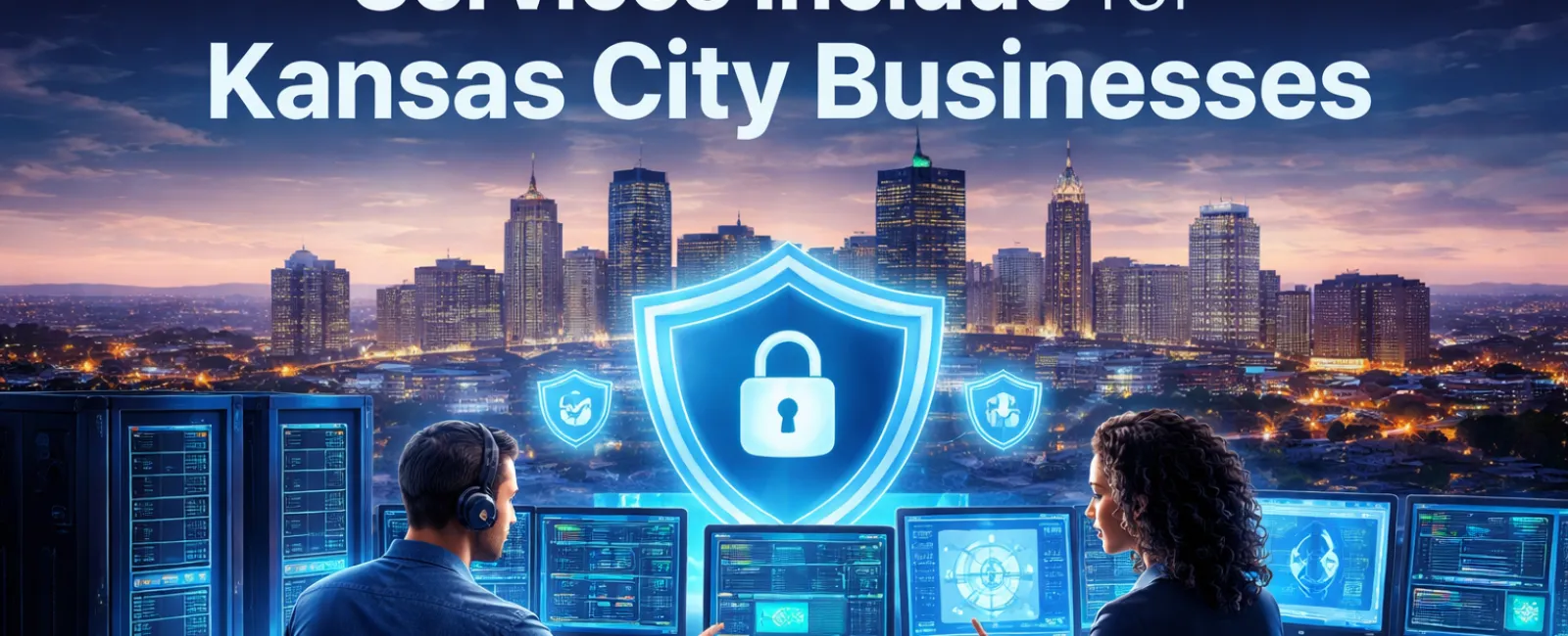 Experts monitoring cybersecurity systems for Kansas City businesses with city skyline and security graphics in background