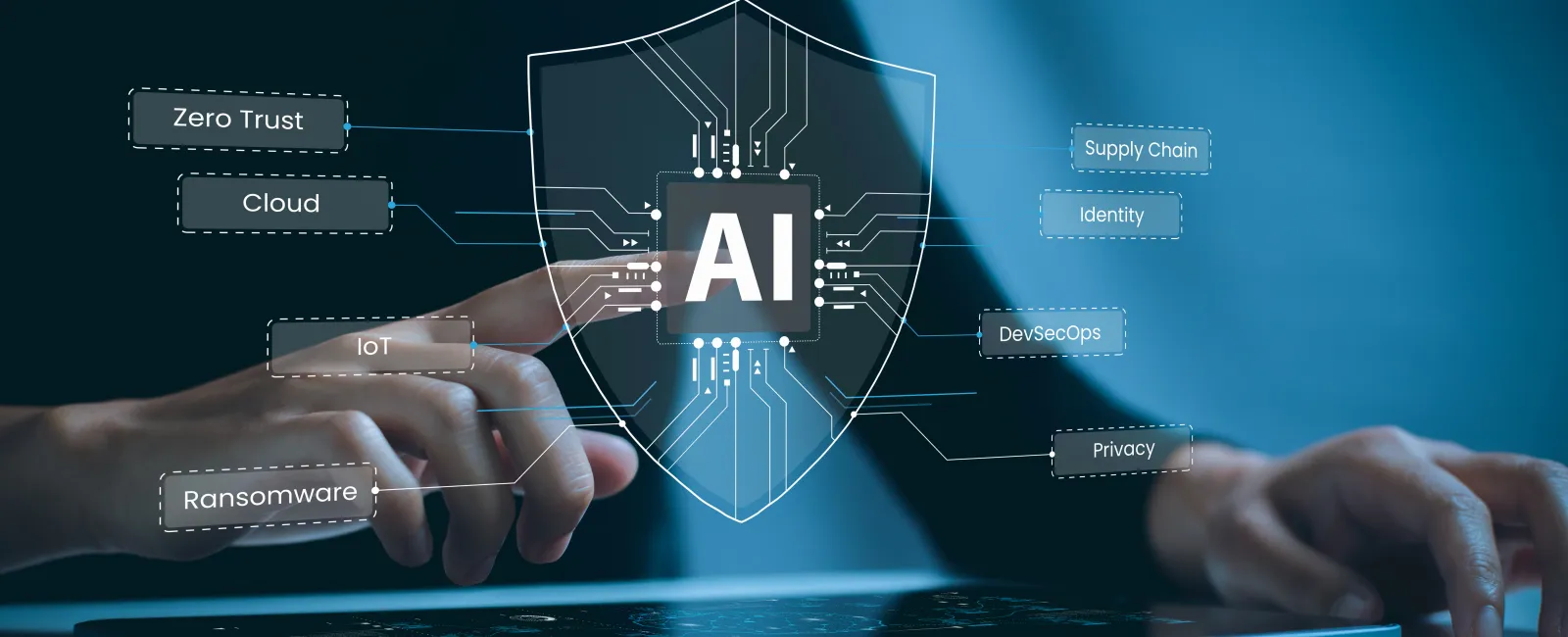 Futuristic AI security shield hologram with cybersecurity terms over a digital tablet being touched by a hand.