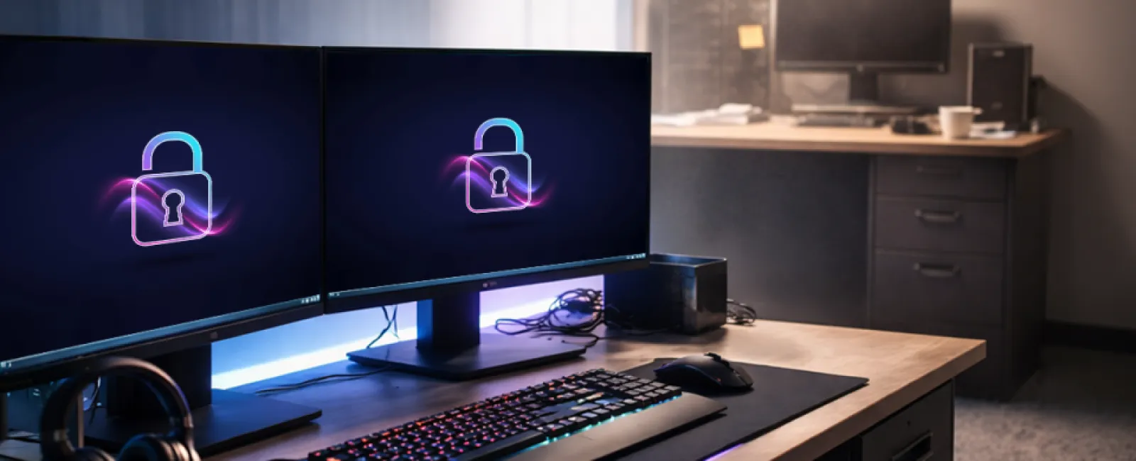Dual monitors displaying secure lock icons on a sleek computer desk setup with keyboard and mouse in an office.