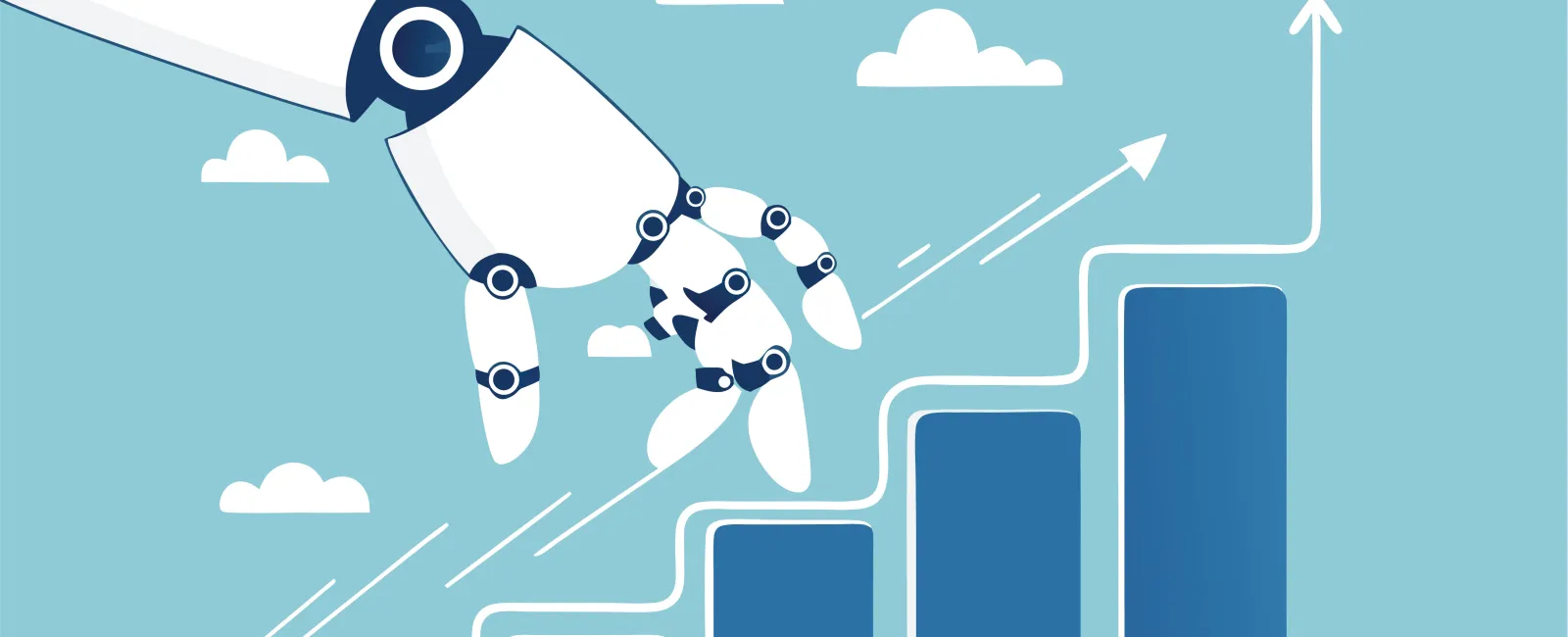 Robot hand pointing to ascending bar graph with upward arrow against blue sky and clouds.