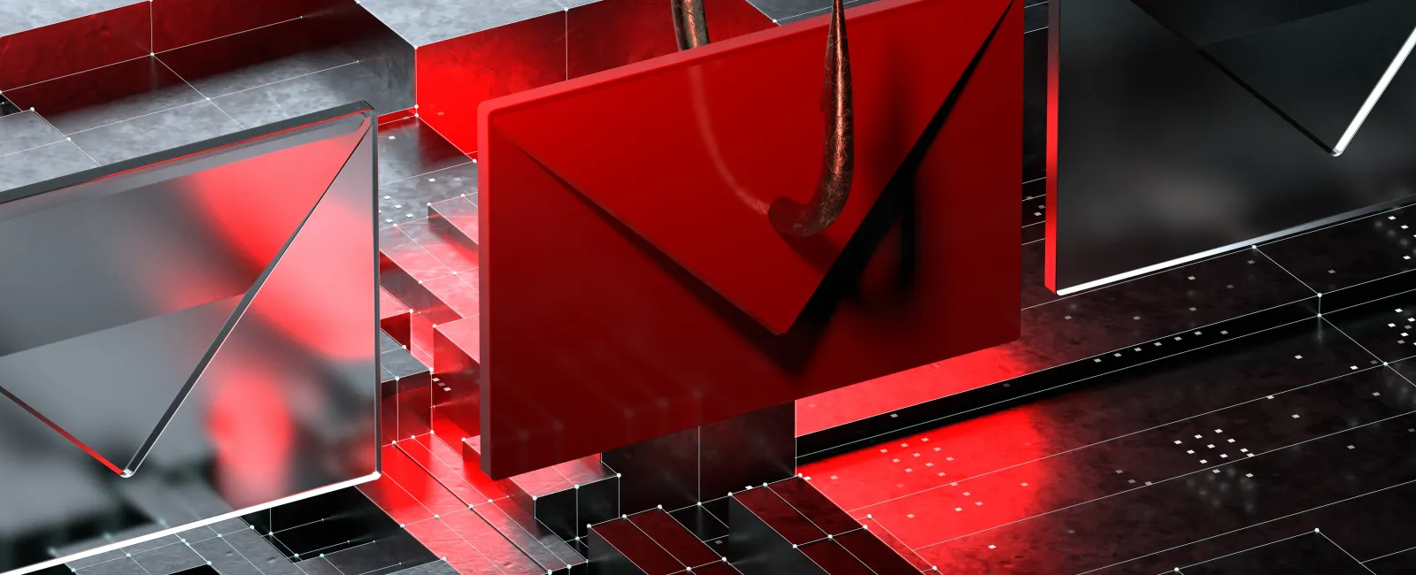 Red email envelope hooked by fishing hook over black digital background representing phishing attack threat