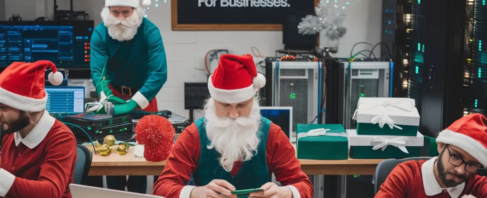 a group of men wearing santa hats