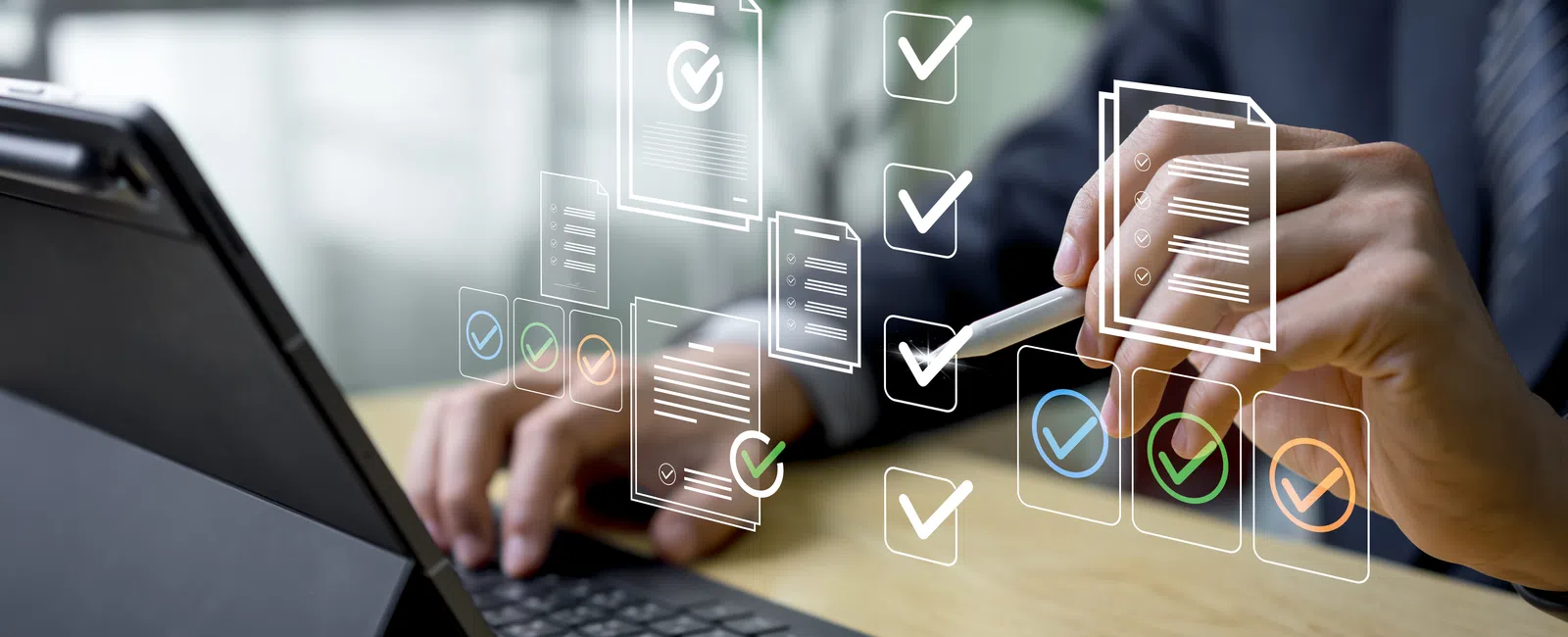 Person using tablet and stylus with digital checklist and task completion icons floating above desk.