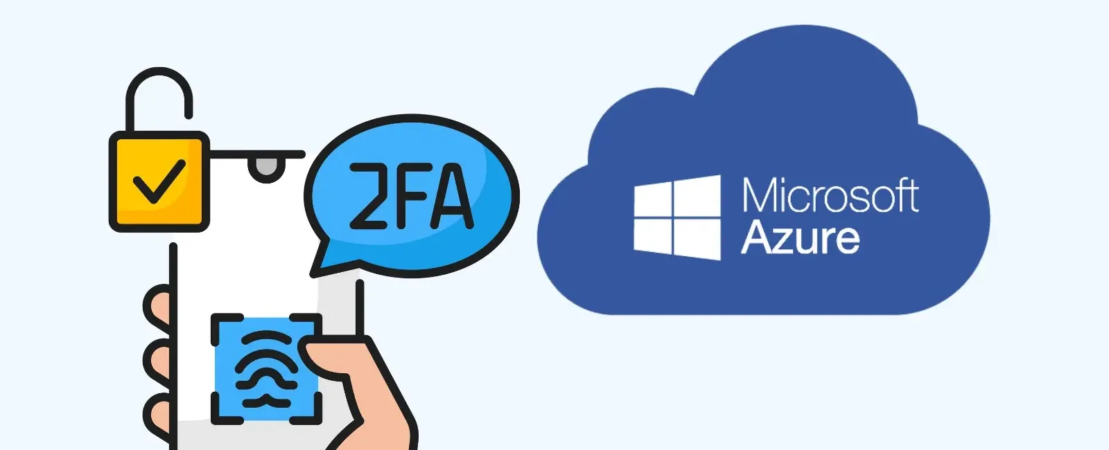 Hand holding phone showing fingerprint scan and 2FA bubble, padlock icon, Microsoft Azure cloud logo