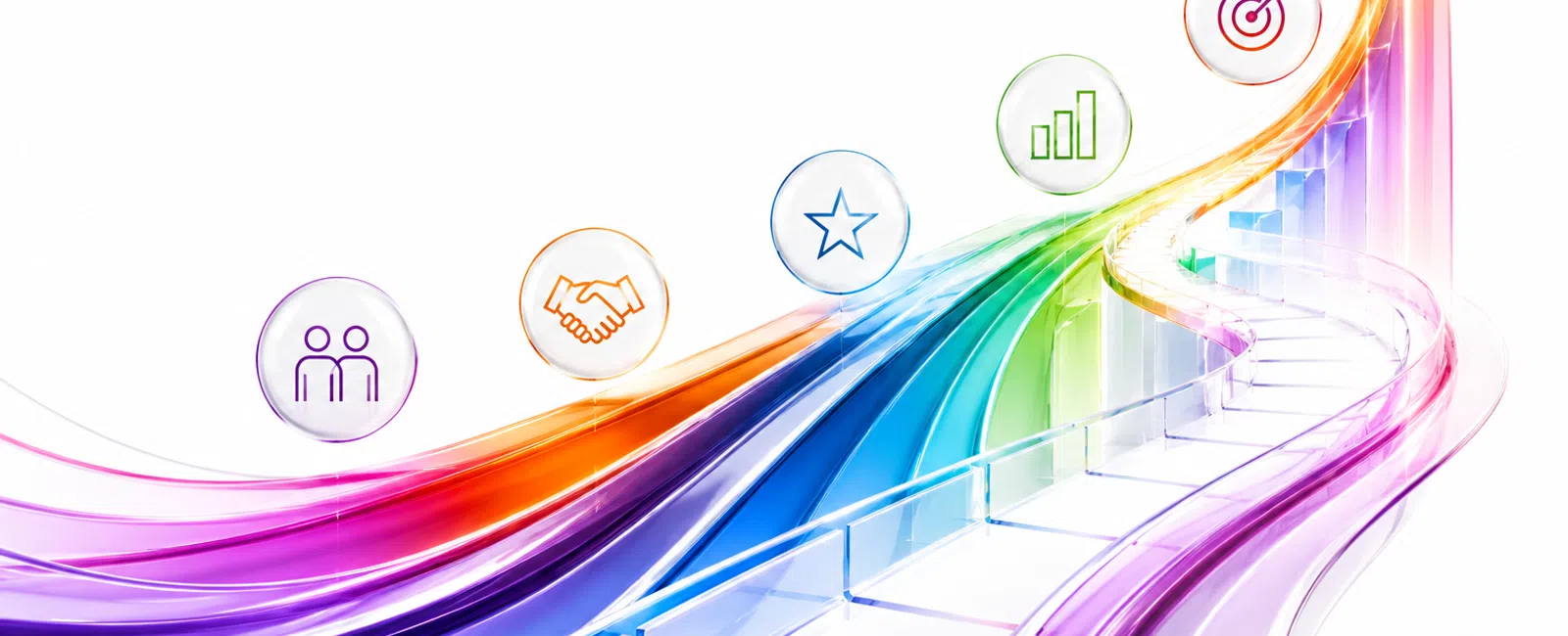 Colorful upward arrow and staircase with icons representing teamwork, partnership, achievement, growth, and target success.