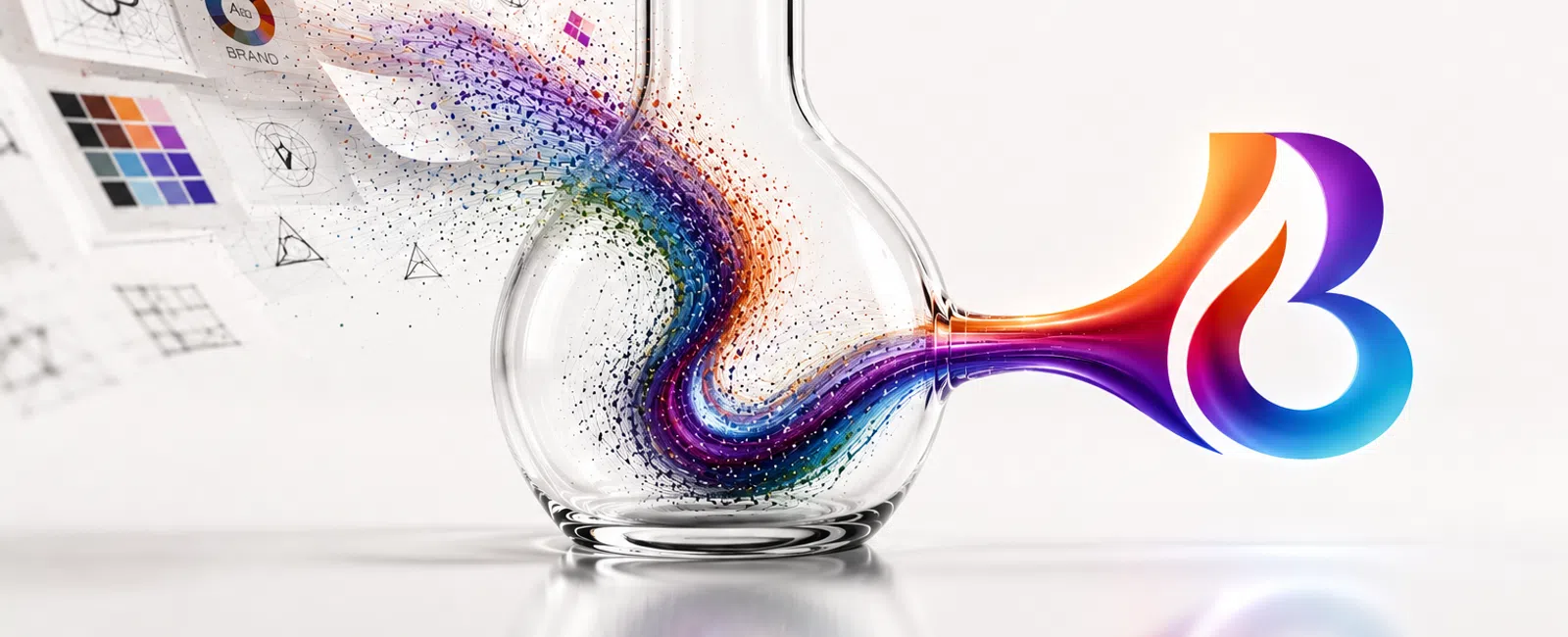 Clear glass flask with colorful digital design elements flowing through it forming a vibrant brand logo shape