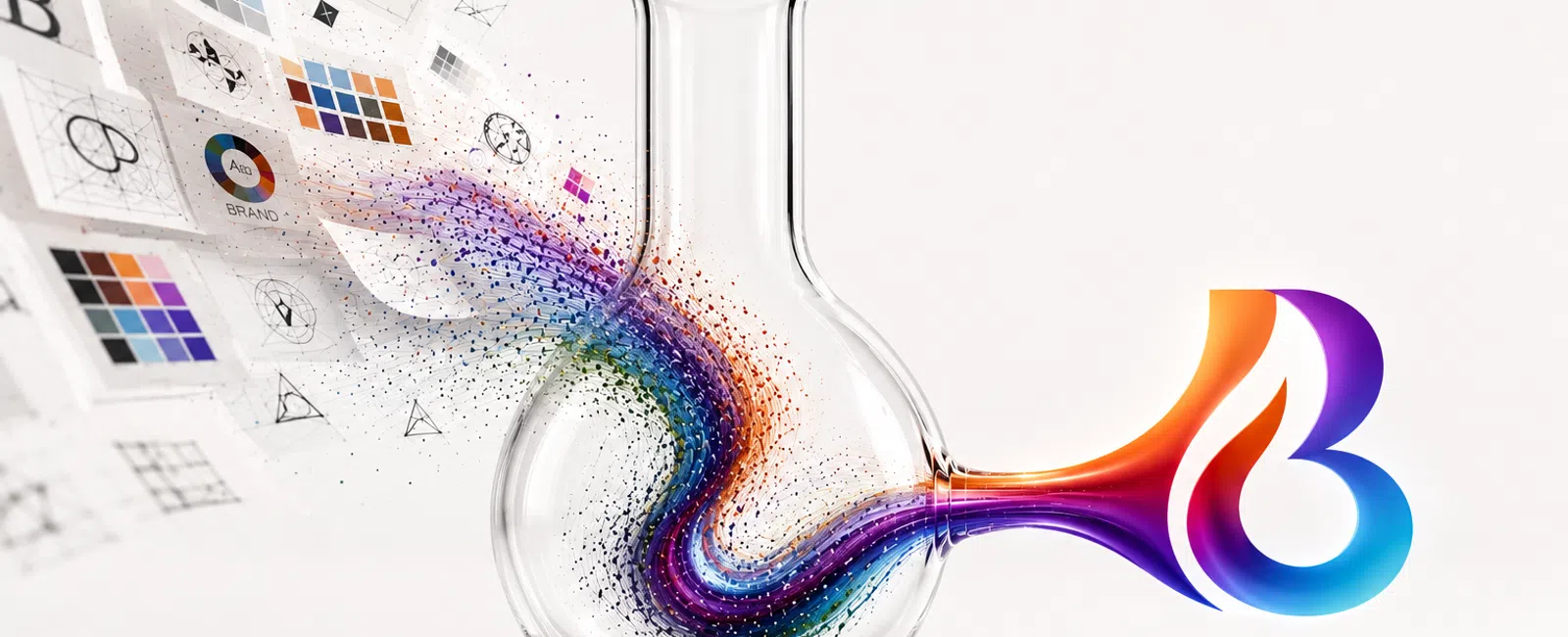 Clear glass flask with colorful digital stream flowing through, transforming design elements into a vibrant logo shape.