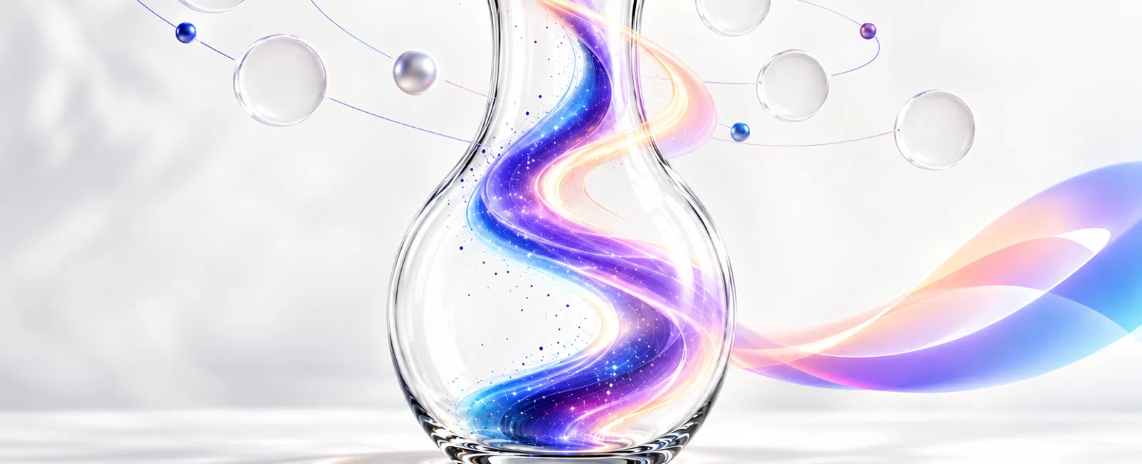 Clear glass vase with swirling purple and blue light waves and floating translucent spheres around it.