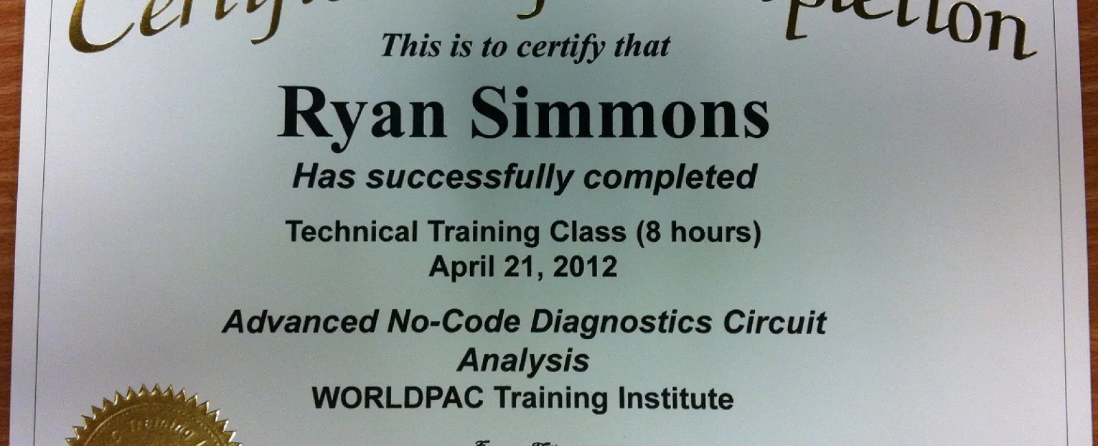 certificate of completion for Ryan Simmons