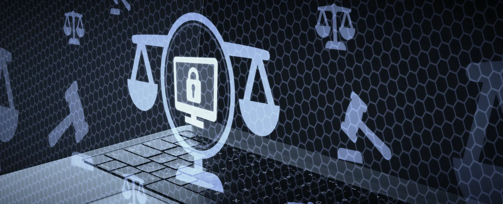 Digital illustration of a laptop with security lock on screen, balanced with legal scales and gavel icons