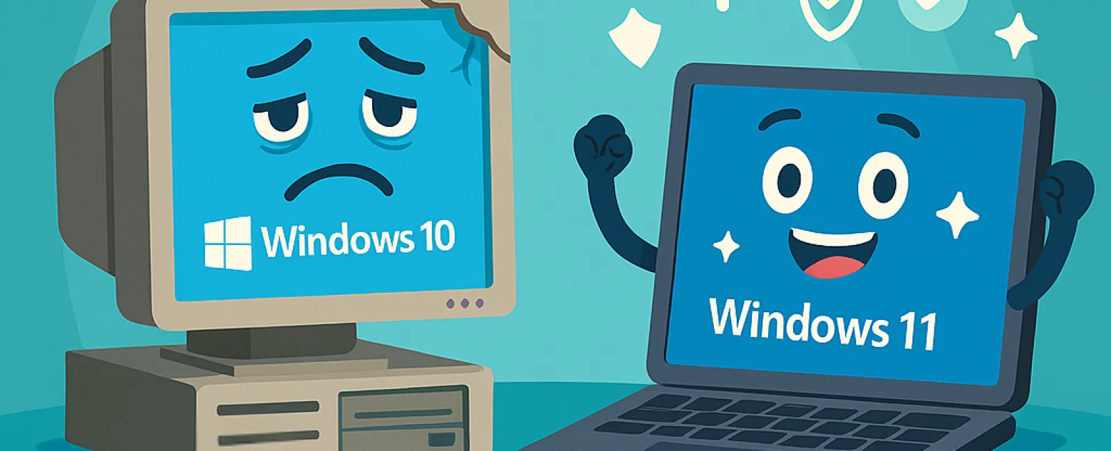 Sad old desktop with Windows 10 contrasts happy modern laptop with Windows 11 and security icons.