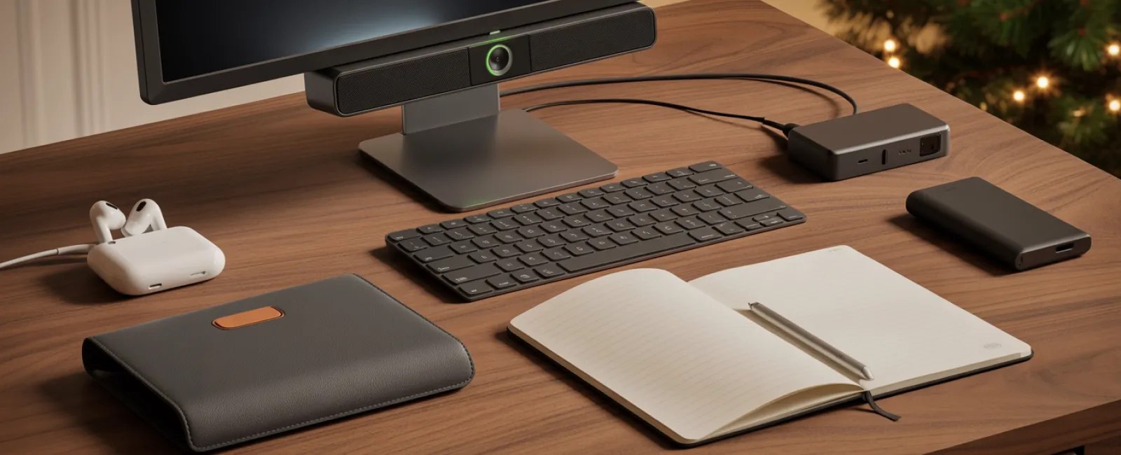 Modern workspace with monitor, wireless keyboard, notebook, pen, AirPods, and tech gadgets on wooden desk.