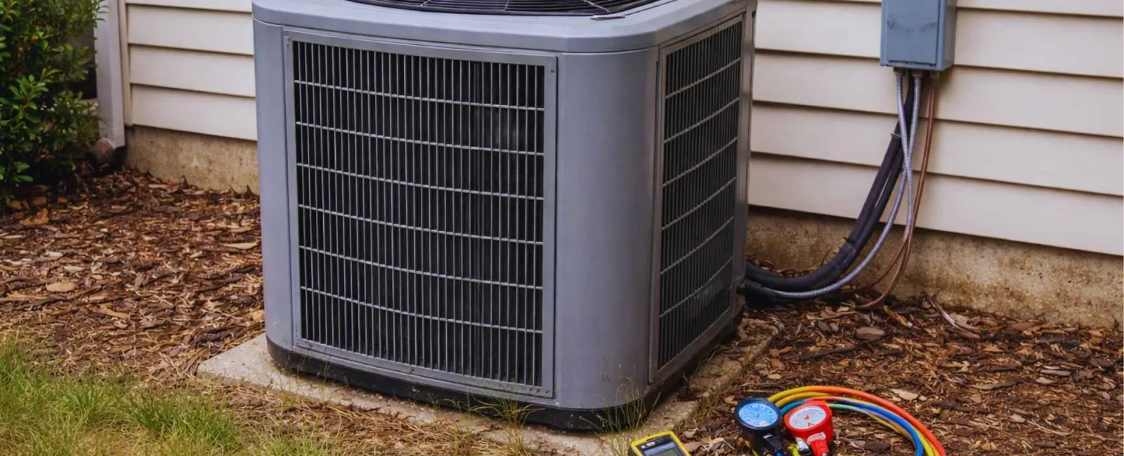 Outdoor air conditioning unit with HVAC service gauges and tools on the ground beside it near a house wall.