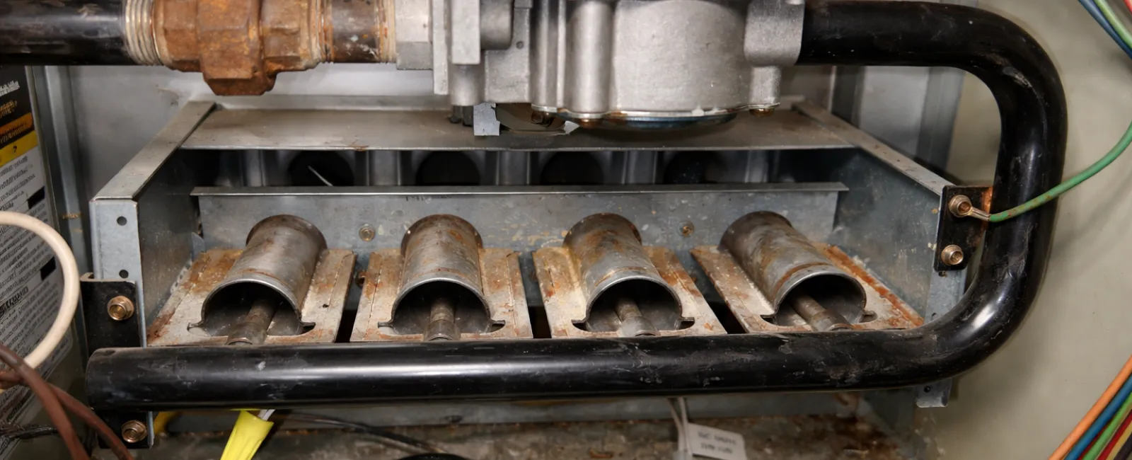 Rusty furnace burners and pipes inside a gas heating system with connected wires and metal components.