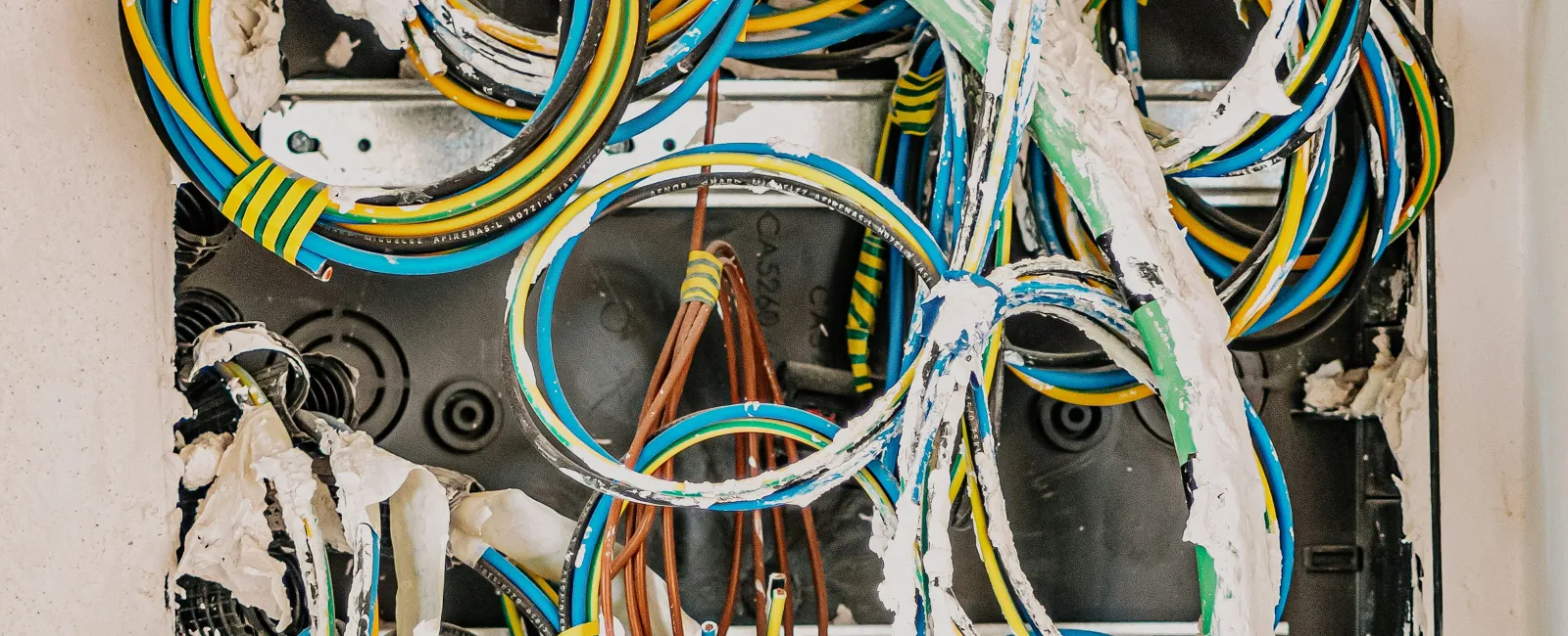 Electrical wiring inside a wall junction box with multiple color-coded cables and taped loops during installation.