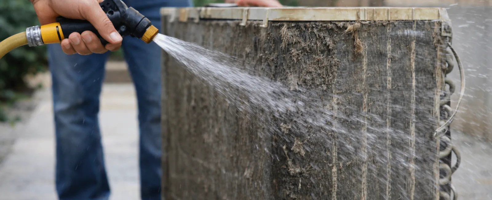 Person cleaning a dirty air conditioner condenser coil outdoors using a water hose spray.