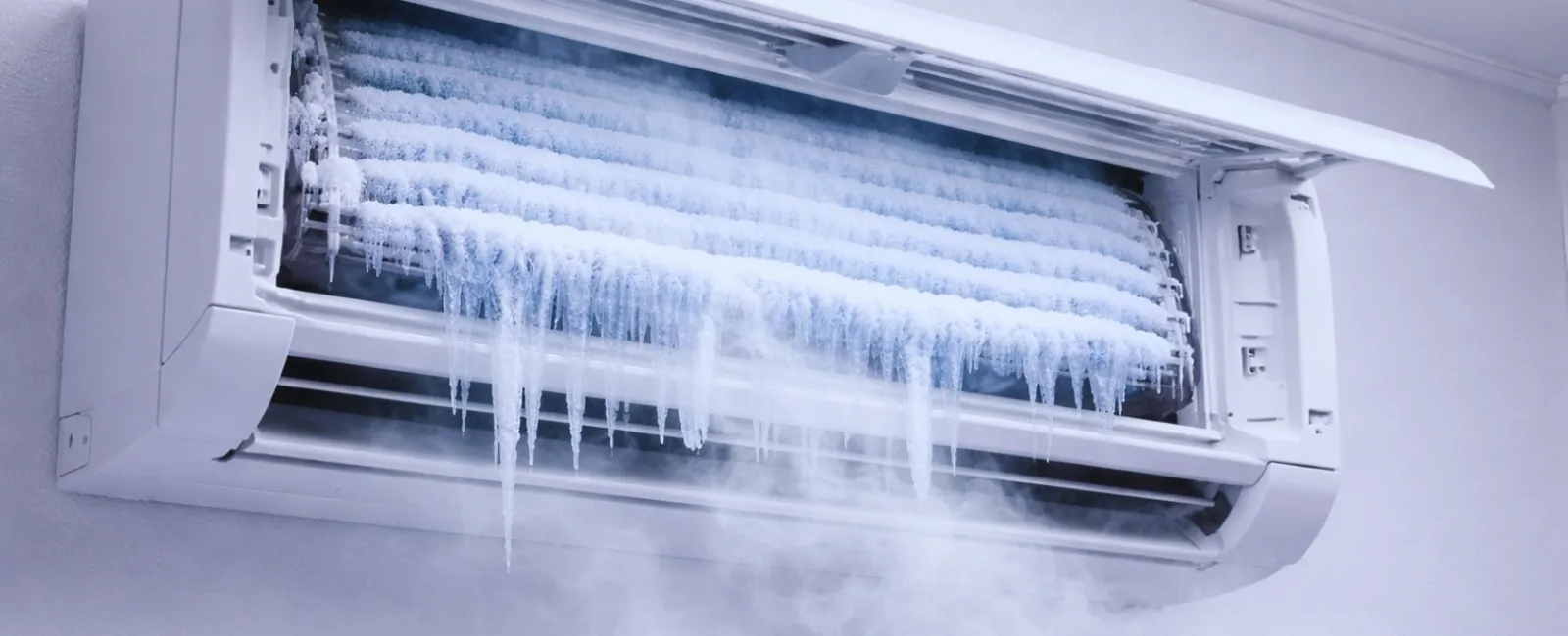 Indoor air conditioner unit covered in ice with frost and mist showing freezing malfunction.