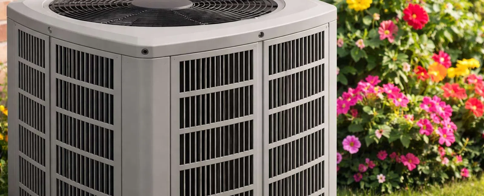 Outdoor air conditioning unit next to a brick wall with colorful flowering plants in the garden.