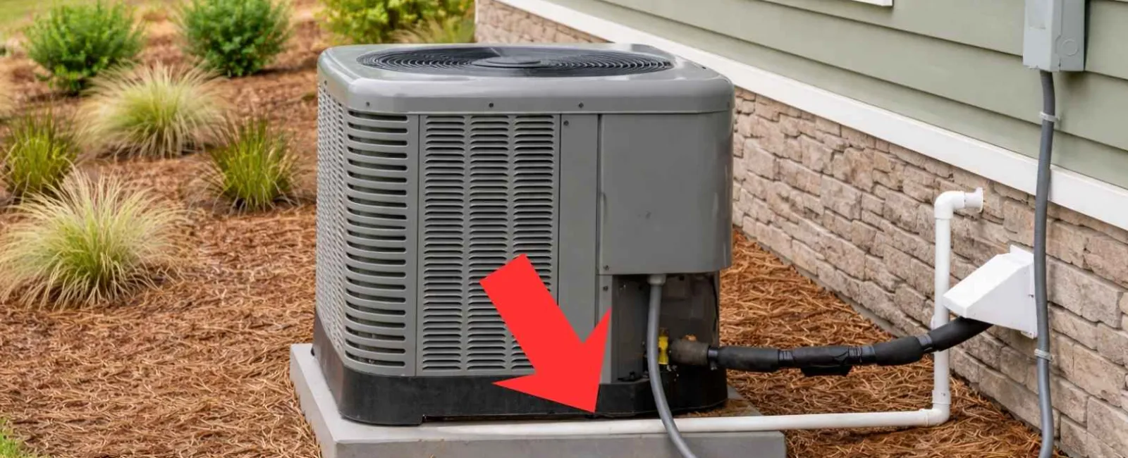 Outdoor air conditioning unit installed on concrete pad next to house with red arrow pointing to base connection.