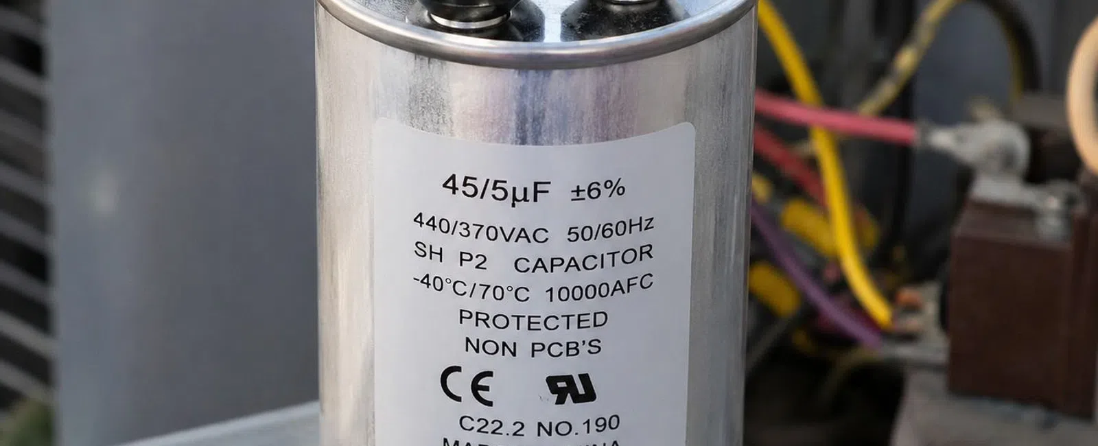 Metal capacitor with electrical terminals and technical specifications label in HVAC system wiring setup.