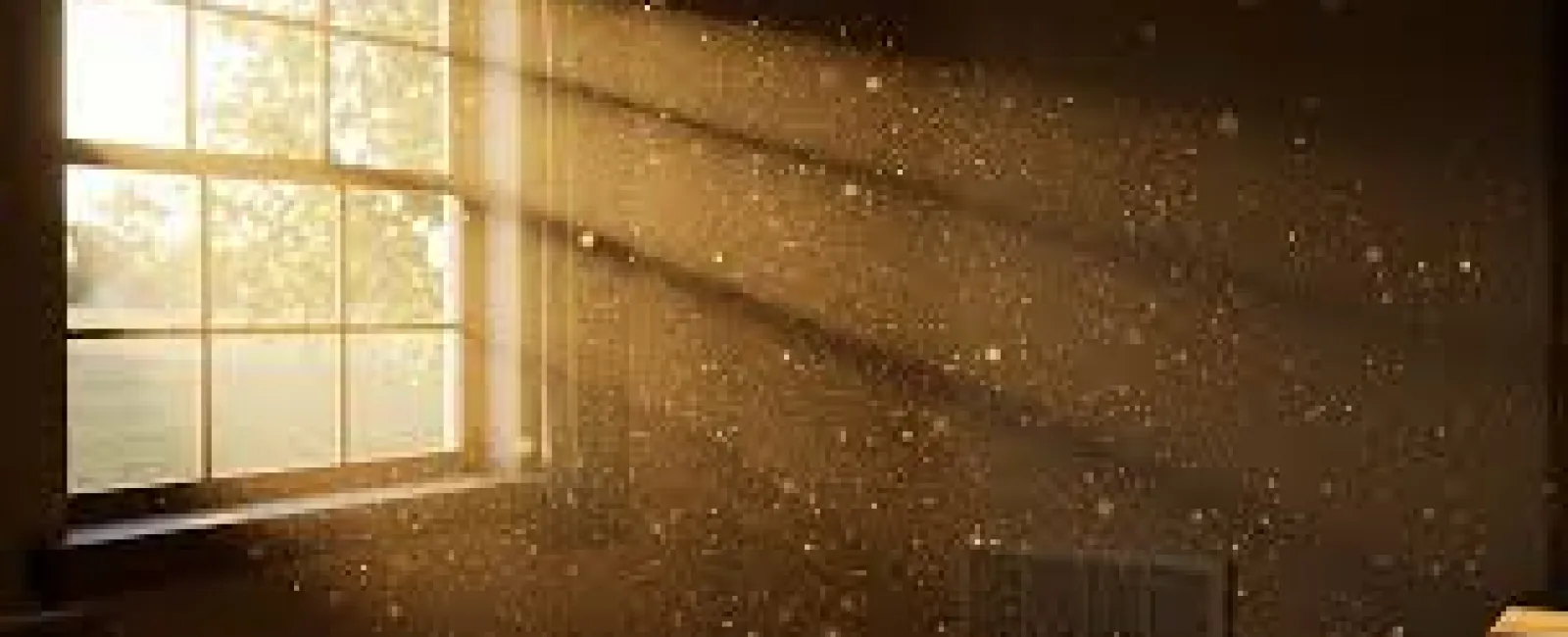 Sunlight streams through a window illuminating dust particles in a dimly lit room with warm tones.