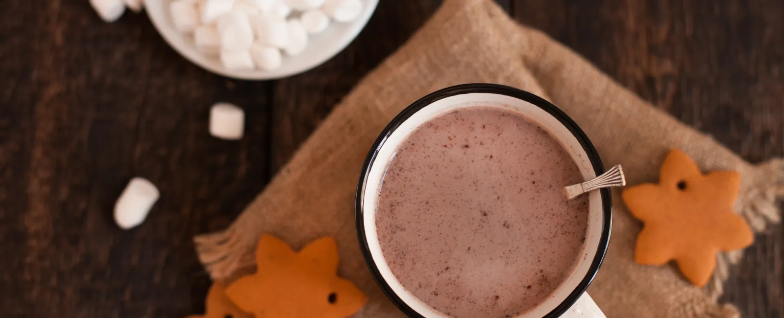 Cup of hot chocolate with star-shaped gingerbread cookies and a bowl of mini marshmallows on a rustic wooden table.
