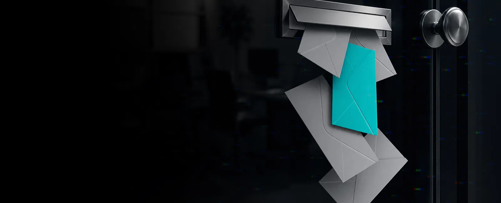 Multiple envelopes, including a standout turquoise one, spilling from a mailbox slot in a dark setting