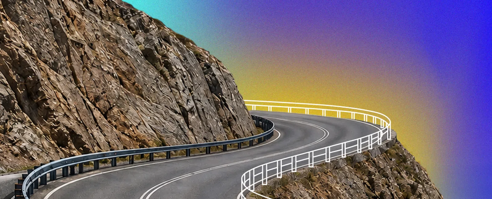 Winding mountain road curving around rocky cliffs with a vibrant gradient sky background.