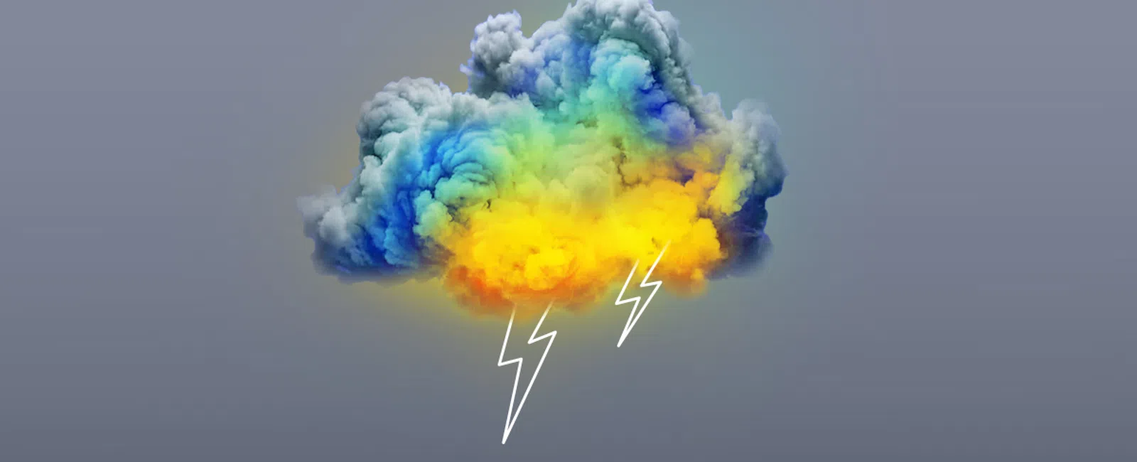 Colorful cloud with blue, green, and yellow hues emitting two white lightning bolts on gray background