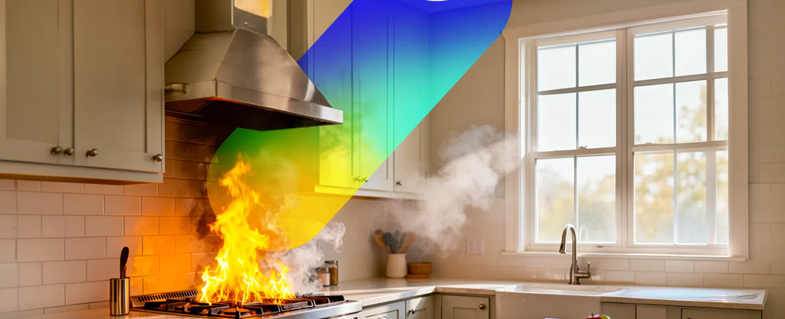 Kitchen stove fire with flames and smoke detected by a ceiling smoke alarm near a window and countertops.