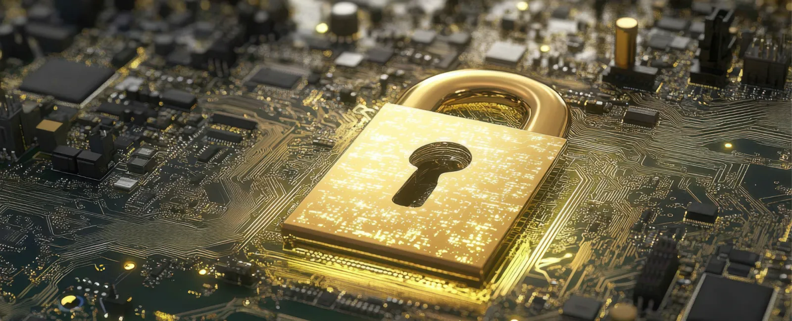 Golden padlock on a glowing circuit board symbolizing digital security and cybersecurity protection.