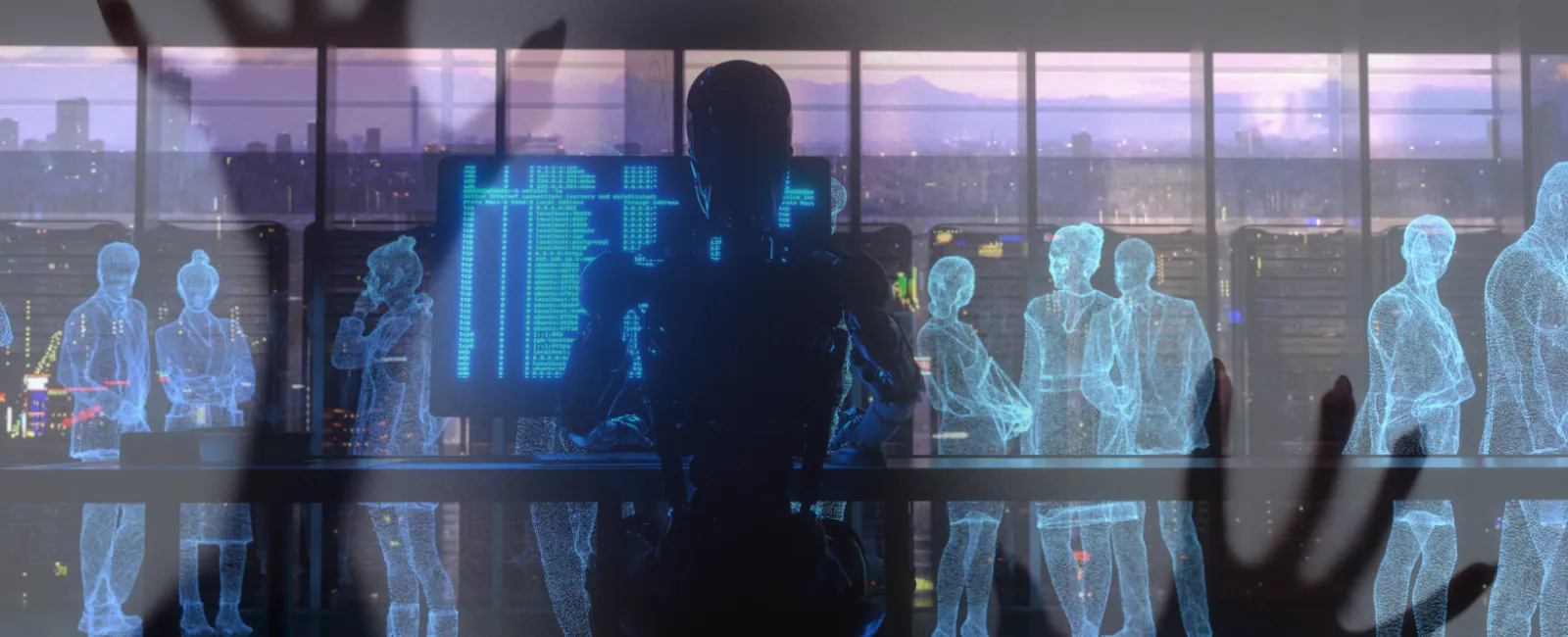 Robot analyzing data on screen with holographic human figures and shadowed hands behind glass in futuristic office.