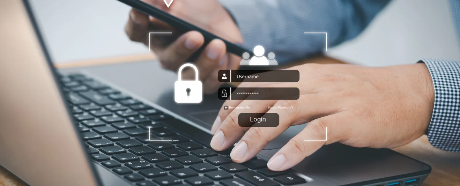 Person logging into a laptop using smartphone authentication with visible password and security icons