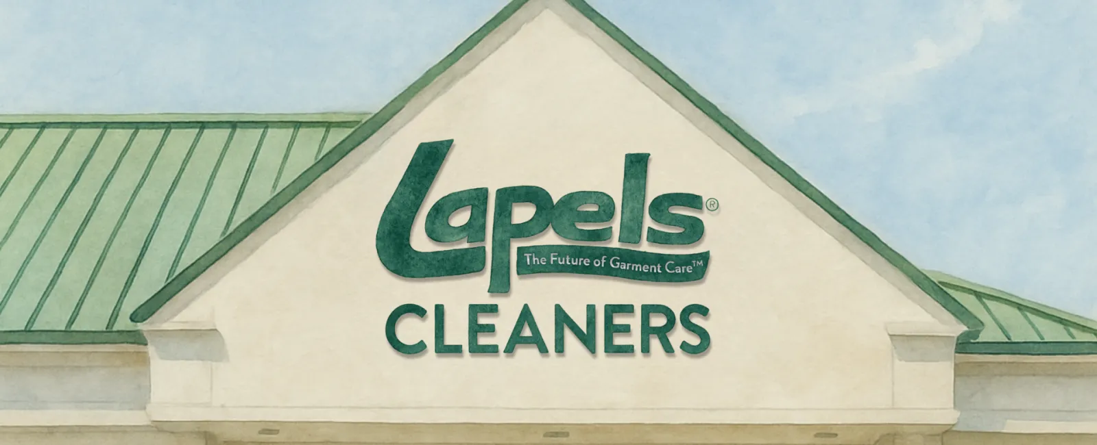 Lapels Cleaners storefront with green logo and signage on a beige building with a green roof under a blue sky